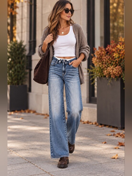 Risen Jeans Denim - RISEN HR Medium Wash Slim Wide Leg Jeans Fold Over Stretch Classic 9/29 NEW